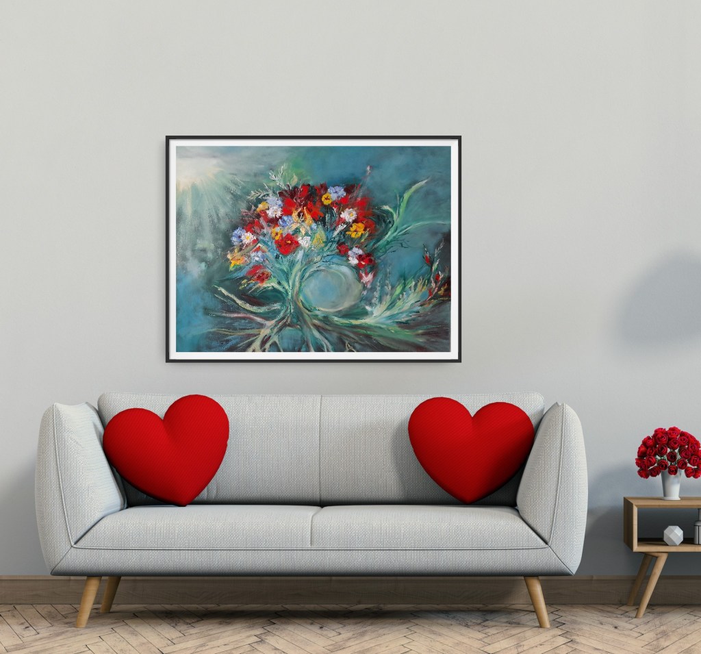 Cette toile a été réalisée en 2022 au démarrage de la guerre en Ukraine. La toile parle d'enracinement de la culture, des traditions, puis de cet évènement marquant l'exode, la guerre, le déracinement soudain des populations,